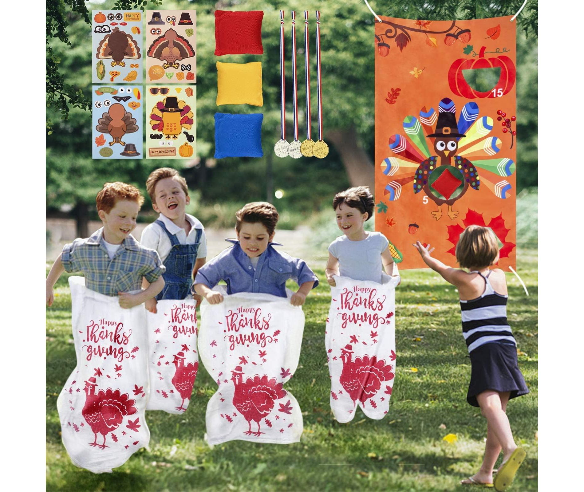 17-Pack Thanksgiving Games Set ¨C Potato Sack Race Bags, Bean Bag Toss & Make-A-Turkey Stickers for Kids & Adults