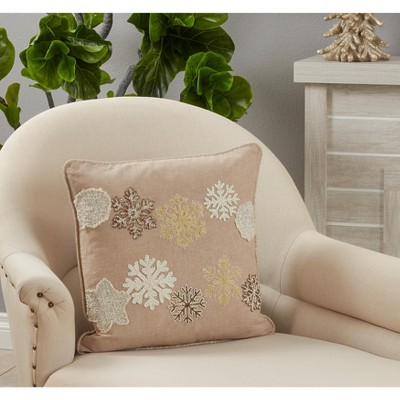 Natural Embroidered Snowflake Square Poly-Filled Pillow, 18"