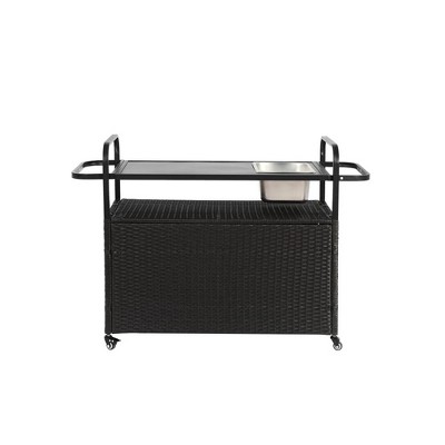 Anybear Patio Bar Table, Wicker Bar Cart with Cabinet, one ice bucket,Lockable Wheels, Side Basket for Garden, Poolside & Backyard, Black