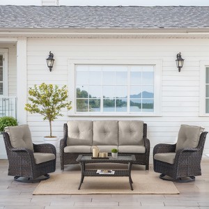 Buenhomino 4 Pieces Patio Furniture Set with Swivel Chairs, High Back Wicker Rattan Sofa with Thick Cushion and Coffee Table, Outdoor Conversation Set - 1 of 4