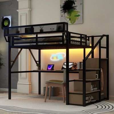 Full Size Metal Loft Bed with Stairs and Light for Kids