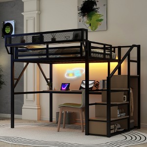Full Size Metal Loft Bed with Stairs and Light for Kids - 1 of 4