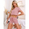 INSPIRE CHIC Women's Waffle Knit Button Down Short Sleeve Crop Tops with Shorts 2 Pcs Pajamas Set - 2 of 4