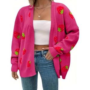 Women's Plus Size Cardigan Soft Print Long Sleeve Open Front Knit Sweaters - 1 of 4