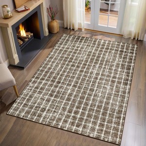 Acekool Geometric Checkered Area Rug, Washable Non-Slip Low Pile Entryway Carpet, Ultra Thin Lightweight Modern Throw Mat for Bedroom Living Room - 1 of 4