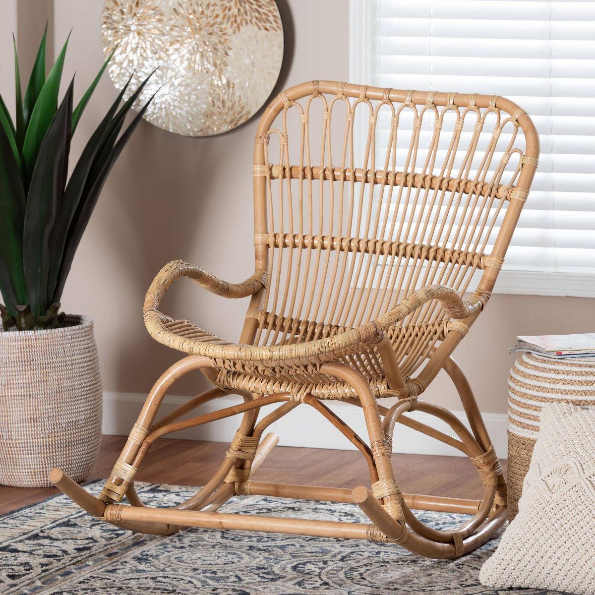 bali & pari Mahin Natural Rattan Rocking Chair Accent Rocker with Curved Armrests Brown - thumbnail 8