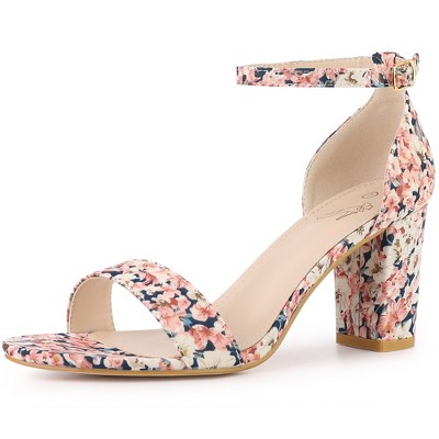Perphy Women's Floral Printed Open Toe Ankle Strap Chunky Heels Sandals