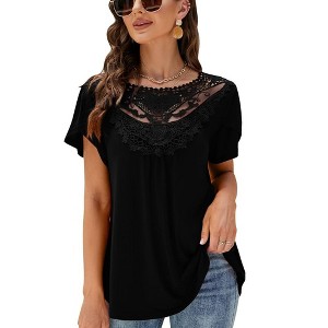 Summer Blouse For Women Lace Petal Sleeve Tops Short Sleeve Pleated Shirt Loose A Line Tshirts - 1 of 4