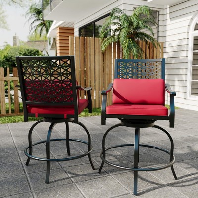 Outdoor Patio Swivel Bar Set with Red Cushions, Includes 2 High Bar Stools and 1 Bar Table, for Bistro & Patio