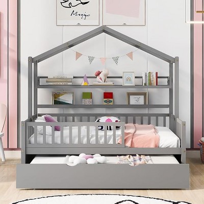 Twin House Bed Frame with Drawers & Shelves – Kids Wood Tent Bed with Roof & Rails, Gray Finish