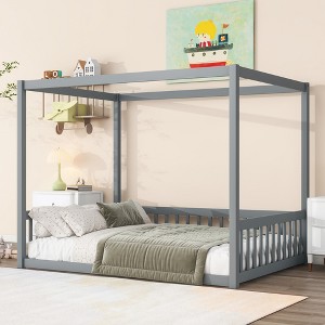 KTMBDW Full Size Canopy Bed Frame with 4 Posters and Guardrails, Full Size Montessori Floor Bed with High Fence, Montessori Bed Full Size - 1 of 4