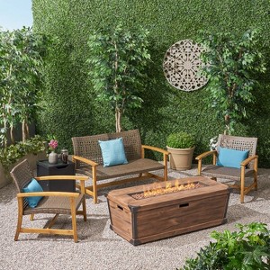 GDFStudio Savannah Outdoor Acacia Wood and Wicker 4 Seater Chat Set with 50,000BTU Fire Pit - 1 of 4