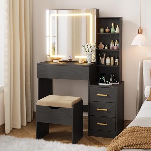 Makeup Vanity Desk with Mirror and Lights, Vanity Table with Adjustable LED Lighting, Power Outlet, Drawers & Storage Stool for Bedroom - 1 of 4