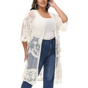Anna-Kaci Women's Plus Size Lace Cardigan Short Sleeve Open Front Floral Crochet Long Duster - 1 of 4