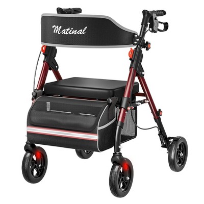 JUJABU Burgundy Foldable Rollator Walker with Seat, 8'' Wheels, 6-Position Height, Aluminum & Carbon Steel