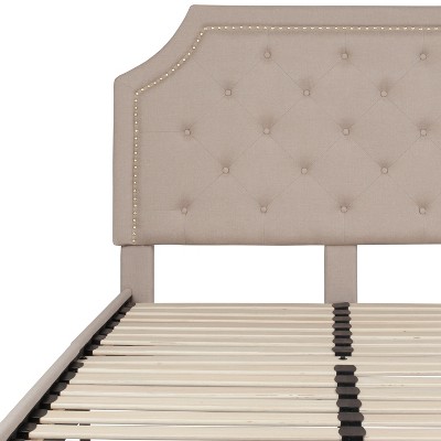 Transitional Beige Full Platform Bed with Tufted Nailhead Trim Headboard