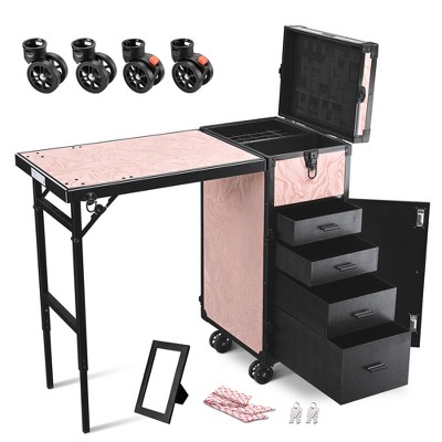 Byootique Rolling Cosmetic Case Nail Table Kit w/ 4 pcs Replacement Wheels Pink