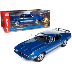 1973 Ford Mustang Mach 1 3K Blue Glow Met w/Silver Stripes Class of 1973 "American Muscle" 1/18 Diecast Model Car by Auto World - 1 of 4
