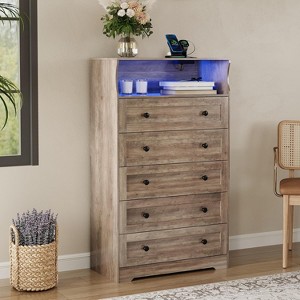 Modern 5-Drawer Wood Dresser w/ Charging & Lights - Tall Vertical Storage for Bedroom, Nursery, Living Room - 1 of 4