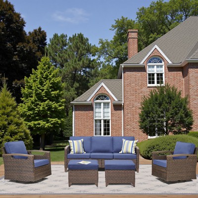 Patio Furniture Set, Outdoor Wicker Sofa Couch with Metal Armrest, Swivel Rocking Chairs, Ottomans, All-Weather Conversation Set for Garden