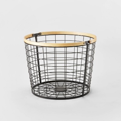 Round Black Wire with Natural Wood Handles Floor Basket - Brightroom™