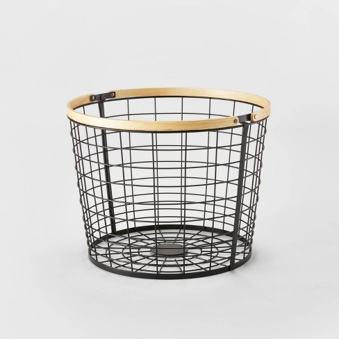 Metal Rectangular Wire Basket with Wooden Handle Black for Reception  Kitchen