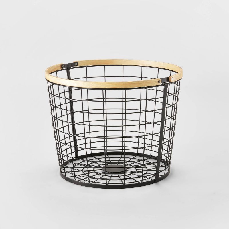 Round Black Wire with Natural Wood Handles Floor Basket - Brightroom&#8482;, 1 of 6