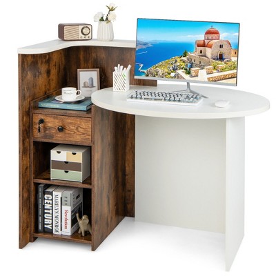 Tangkula Front Reception Counter Desk Checkout Office Desk w/ Open Shelf & Lockable Drawer