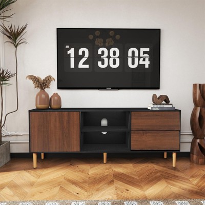 Hotraffy TV Stand up to 70+ inch, Mid Century Modern Entertainment Center with 2 Drawers,Brown