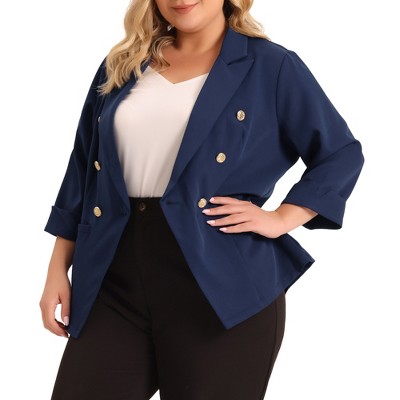 Agnes Orinda Women's Plus Size Office Button Front 3/4 Roll-Up Sleeve  Peplum Work Blazers Dark Blue 4X