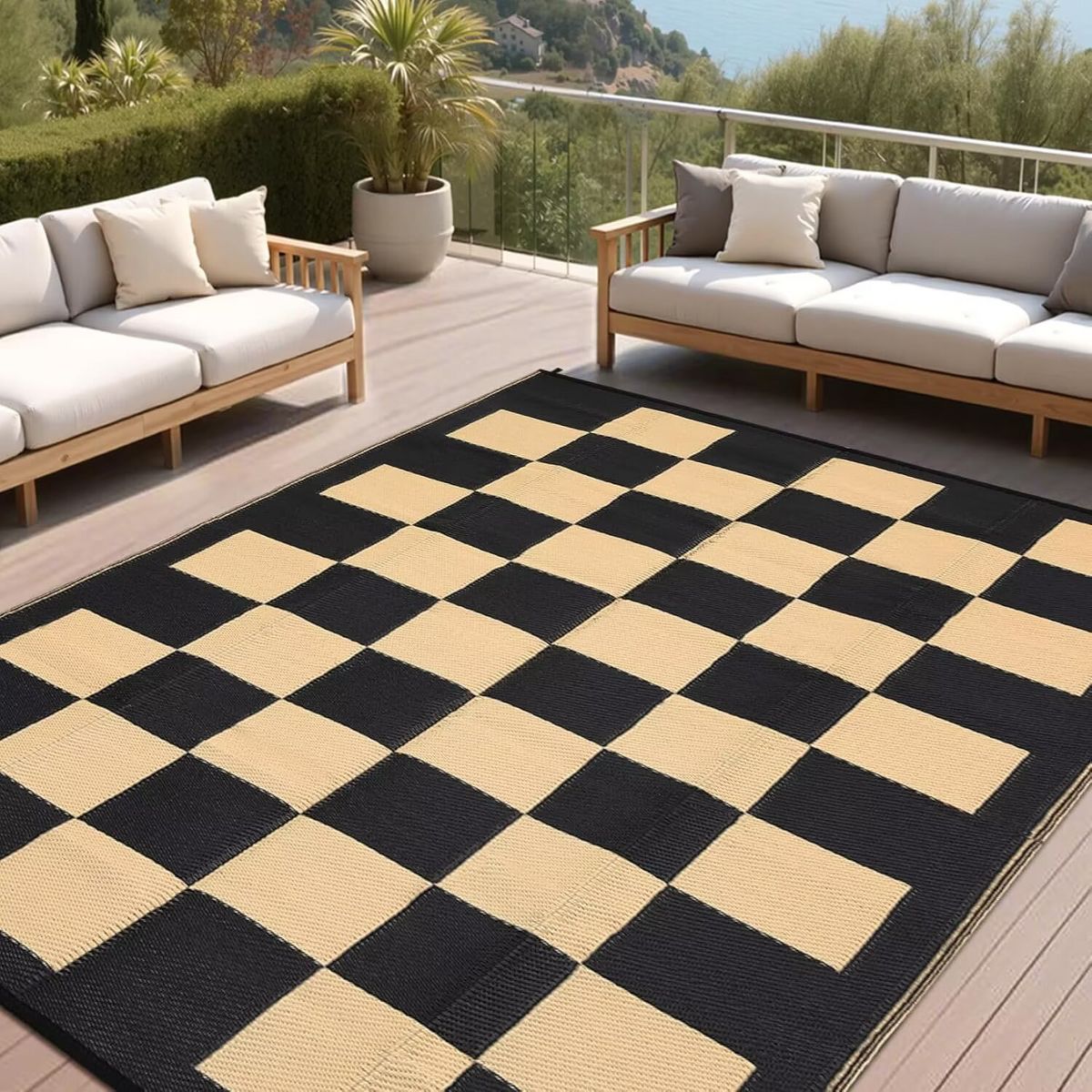 Garvee Outdoor Rug Checkerboard Geometric Plaid Pattern, Waterproof Plastic Straw Rug, UV Resistant Foldable Outdoor Rug for Picnic, Backyard, Deck
