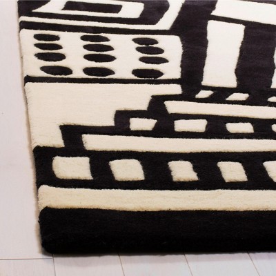Art Deco Geometric Tufted Wool Runner - Black and Ivory, 2'3" x 9'