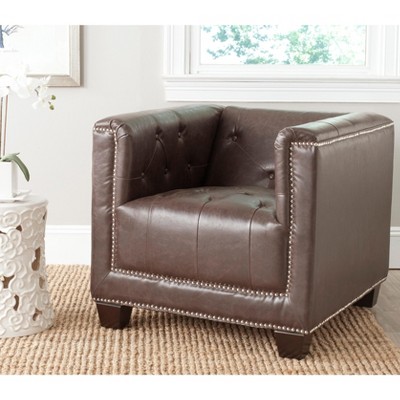 Antique Brown Faux Leather Geometric Accent Arm Chair