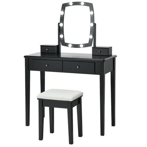 Vanity Table Set with Lighted Mirror & Stool, Makeup Vanity Desk with 4  Drawers