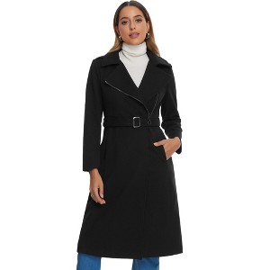 Allegra K Women's Collar Fashion Pockets Zip Winter Warm Long Trench Coats - 1 of 4