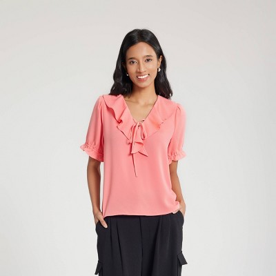 Women's Ruffle Short Sleeve V-Neck Woven Blouse - A New Day™ Pink L