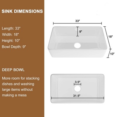 Glossy White Fireclay Single Bowl Farmhouse Kitchen Sink with Accessories