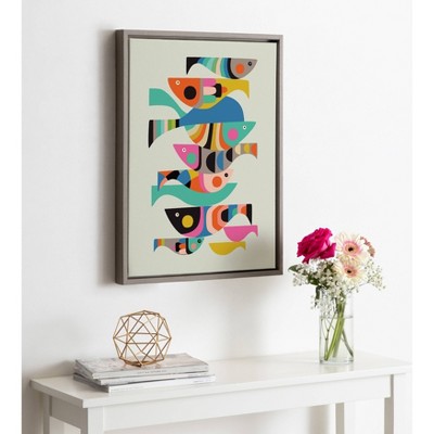 Colorful Abstract Fish Canvas Wall Art in Gray Frame