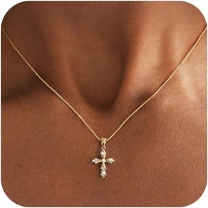 Dainty Gold Cross Necklace for Women, 14K Gold Plated Small Pendant Choker - 1 of 4