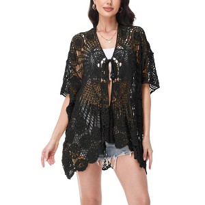 Anna-Kaci Women's Open Front Crochet Cover-Up with Floral Pattern and Short Sleeves - 1 of 4