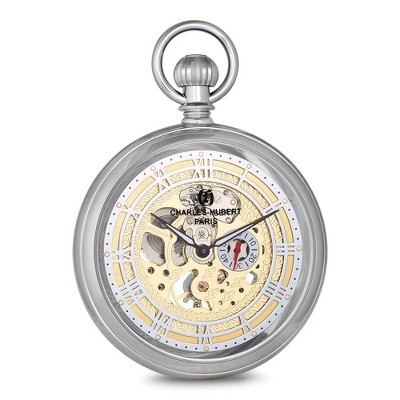 Black Bow Jewelry Charles Hubert Chrome Finish Open Face Gold Dial Pocket Watch