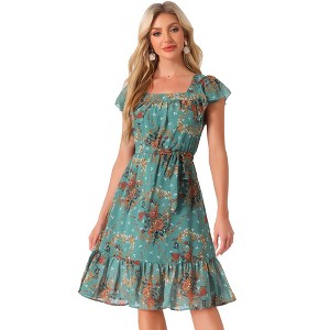 Allegra K Women's Floral Chiffon Flutter Sleeve Belted Square Neck Ruffled Hem Dress - 1 of 4