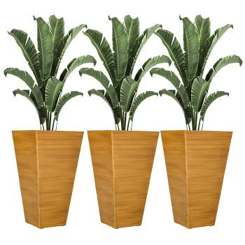 Outsunny 28" Tall Outdoor Planters, Set of 3 Large Taper Planters with Drainage Holes and Plug, Faux Wood Plastic Flower Pots, Tan