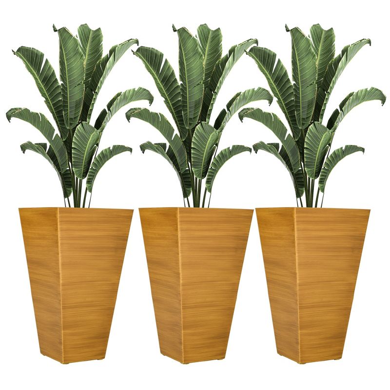 Outsunny 28" Tall Outdoor Planters, Set of 3 Large Taper Planters with Drainage Holes and Plug, Faux Wood Plastic Flower Pots, Tan, 1 of 7