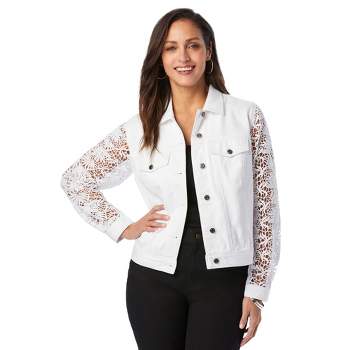 Jessica London Women's Plus Size Lace Sleeve Denim Jacket