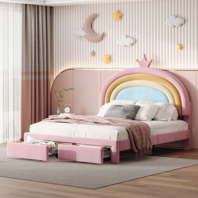 NicBex Twin/Full Upholstered Bed Frame with Rainbow Design Headboard for Kids,Velvet Princess Platform Bed with Storage Drawer,No Box Spring Needed