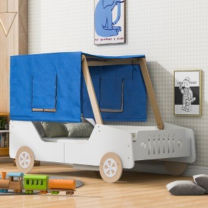 Full/Twin Size Car-Shaped Bed Wood Bed Frame with Tents, Ceiling Cloth and Wheels, 400LBS Weight Capacity for Kids Boys Girls Teens Bedroom - 1 of 4