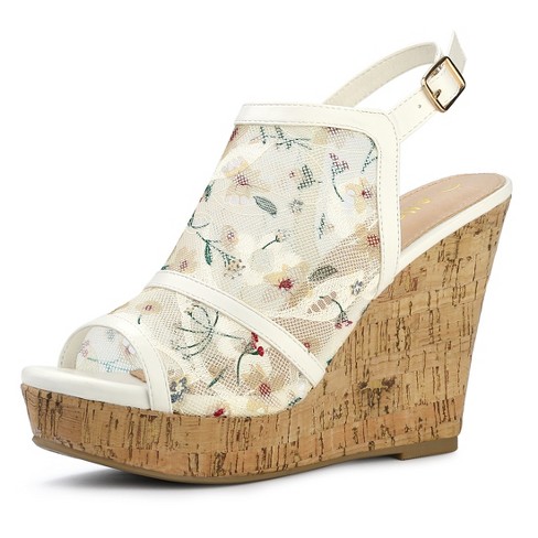 White Floral Lace Wedge Shoes