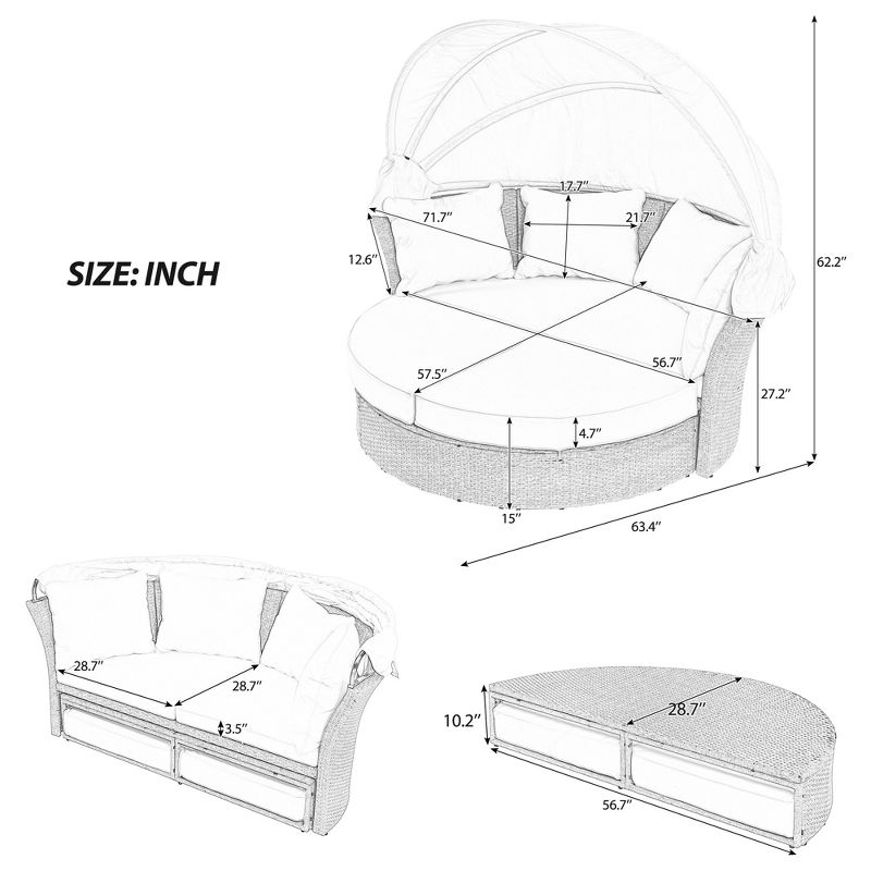 Outdoor Patio Rattan Daybed, Round Wicker Double Daybed Sofa with Retractable Canopy and 4 Pillows 4M -ModernLuxe, 3 of 13