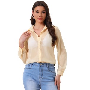 INSPIRE CHIC Women's Sheer Mesh Long Sleeve Button Down Shirts - 1 of 4